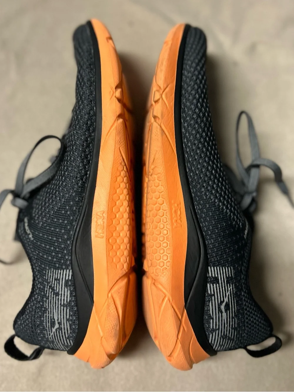 Hoka Womens Hupana 2 Black/gray Knit Running Shoes with Orange Sole size 8